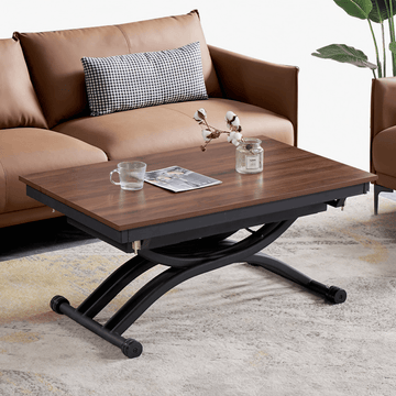 47'' Walnut Lift-Top Coffee Table - Multifunctional Rectangle Table with Iron Double Pedestal Base